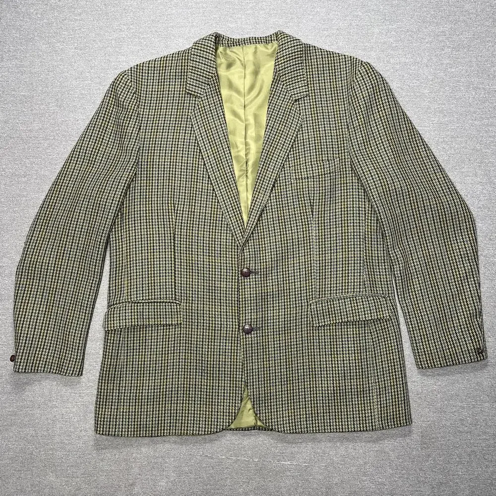 Vintage 70s Houndstooth Blazer Mens 44 Green Vivachi Tweed Wool Blend Sport Coat